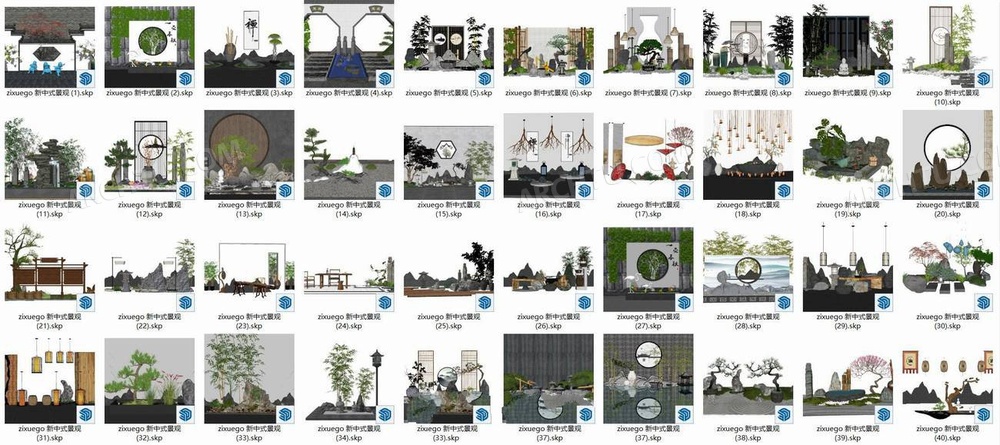[精品]77套SketchUp精品建筑景观规划系列新中式园林庭院建筑景观规划日式枯山水模型