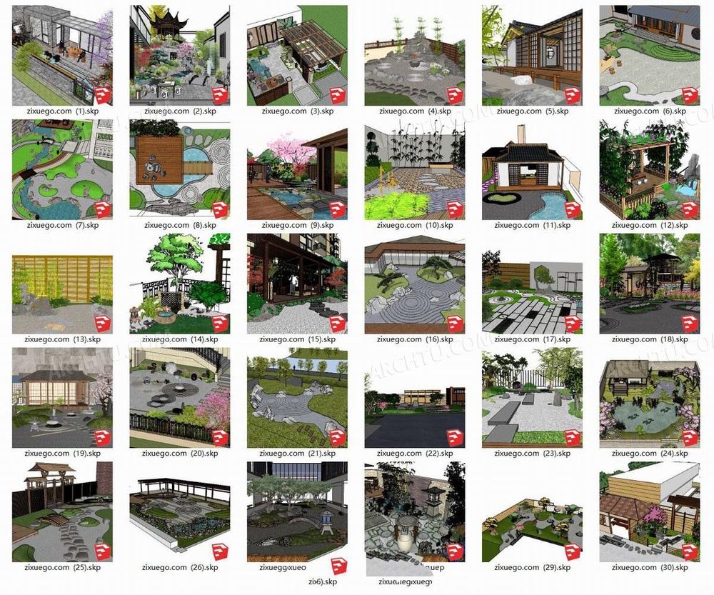 [精品]30套SketchUp精细模型第十一期新中式枯山水庭院建筑景观规划