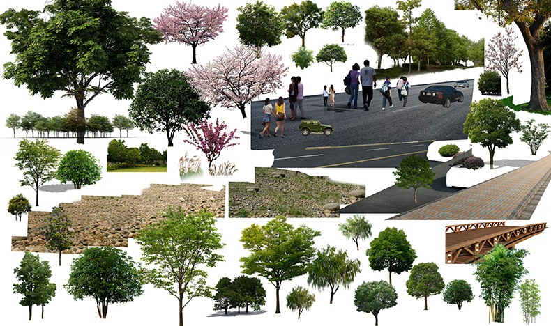 园林景观设计PSD古建树木花草植物参与者物鸟瞰图效果图PS-景观建筑资源