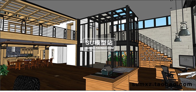 SU模型草图模型现代风家庭式设计工作室工装室内木架建筑设计S-景观建筑资源
