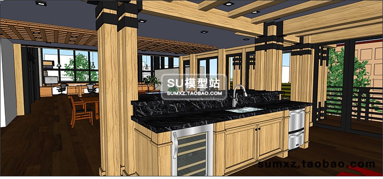 SU模型草图模型现代风家庭式设计工作室工装室内木架建筑设计S-景观建筑资源