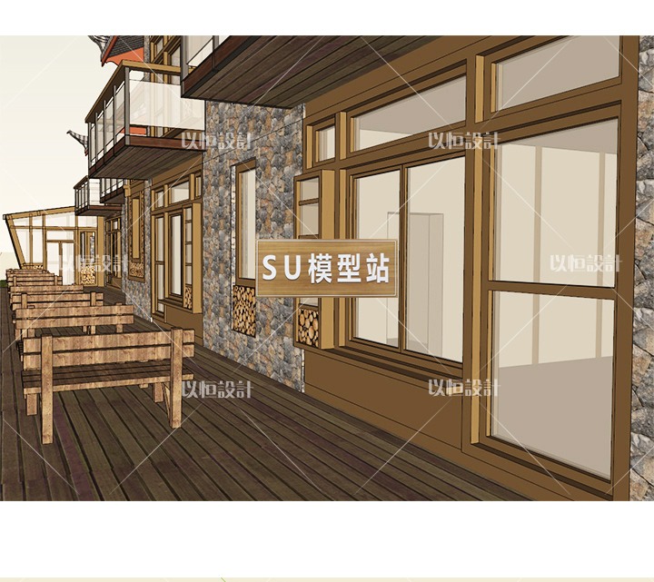 SU模型草图模型中式客栈Sketchup禅意生态特色旅游温泉度假山庄SU模型