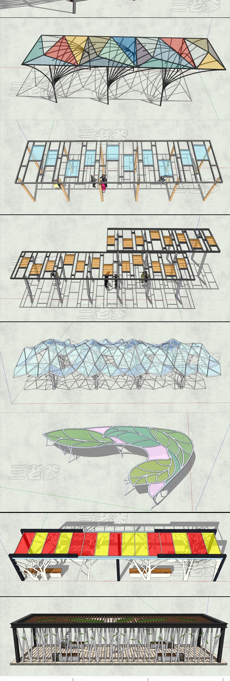 现代风景观廊架SU模型弧形现代风中式异形构筑物sketchup创-景观建筑资源