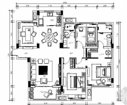 浙江新中式风格风格三居室室内装修施工图（有效果）