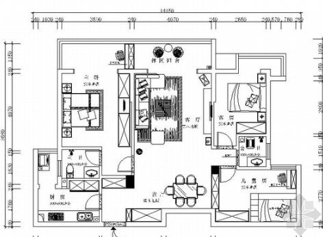 湖南混搭简约山水田园三居室设计CAD装修图（有效果）