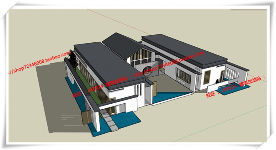 建筑图纸240公建售楼处新中式风格cad平立面总图+SU模型+效果图