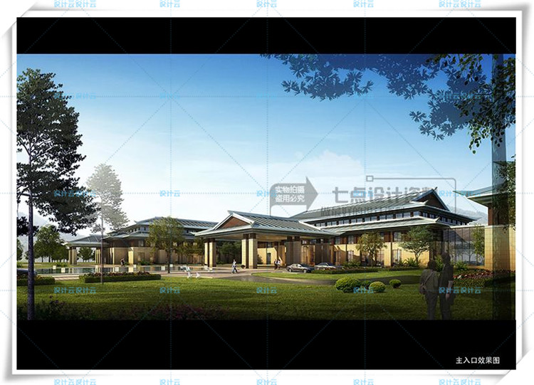 完整公建温泉度假酒店新中式风格坡地多层cad施工图+效果图+su模型