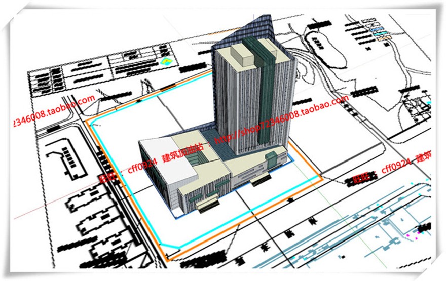 建筑图纸100新疆电调中心公建办公/办公楼cad平立面+SU模型+效果图