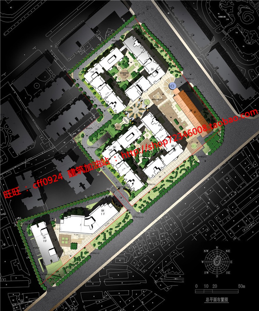 小型住宅区小区生活区规划cad总图设计彩色平面