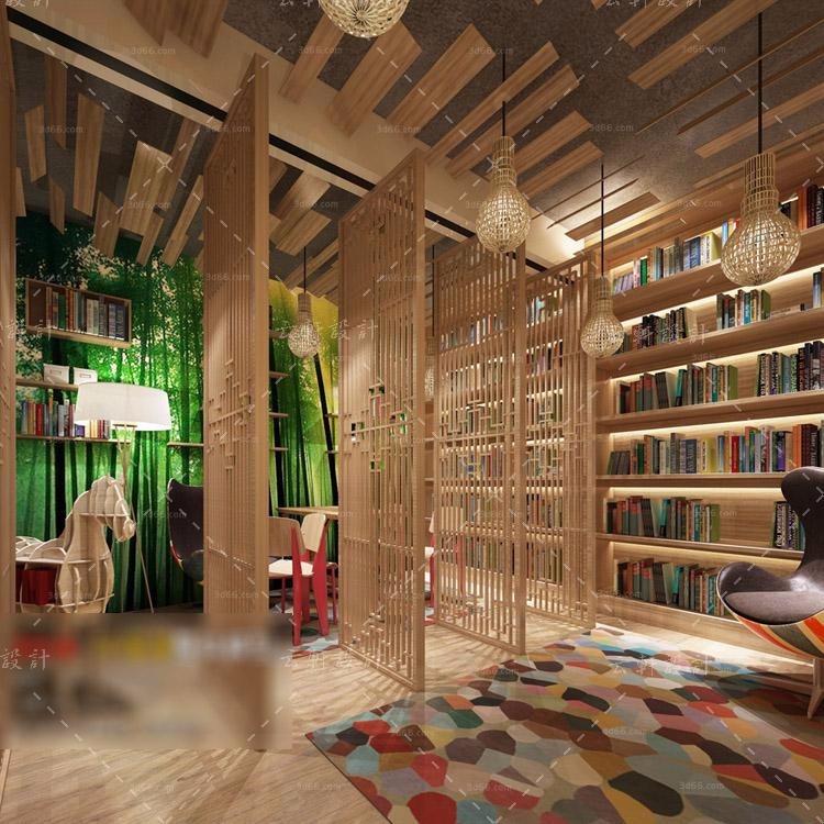 图书馆书吧阅览室3dmax模型书店书架书城书咖设计3D效果图...