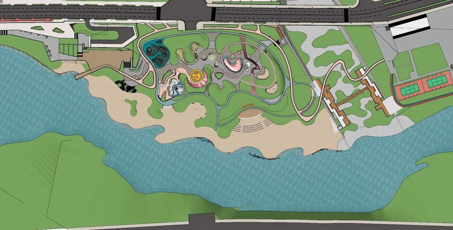 滨水沙滩公园-经典高差空间-运动休闲主题-某城市滨水运动公园景观设计SU精细模型（资料包括：1个SU模型）