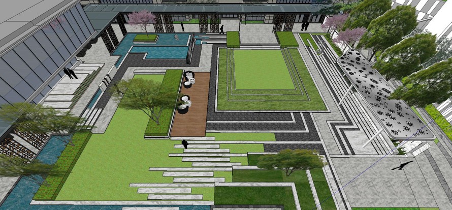 极简造型造型艺术的空间布局-直线构成的超大中庭-某高端地产项目大区景观设计SU精细模型（资料为：1个SU精细模型）