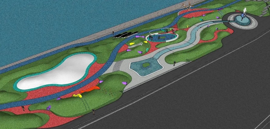 全龄化滨江运动公园-趣味性现代休闲乐园-某滨江运动公园景观设计SU精细模型（项目资料为：1个SU精细模型）