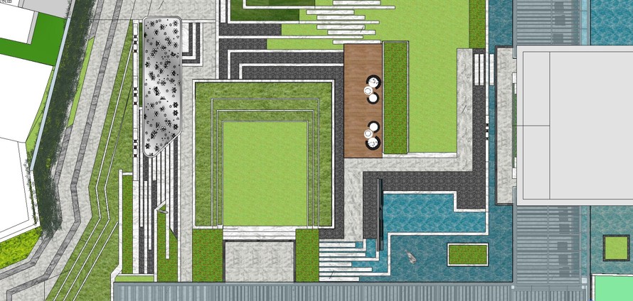 极简造型造型艺术的空间布局-直线构成的超大中庭-某高端地产项目大区景观设计SU精细模型（资料为：1个SU精细模型）